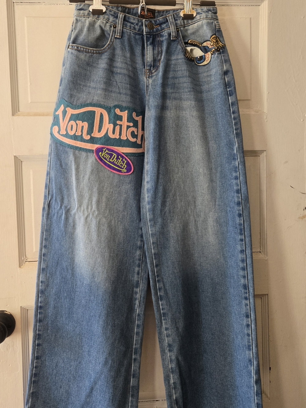 Von Dutch Light Blue Wide-Leg Jeans with Pink & Cream Logo Patches